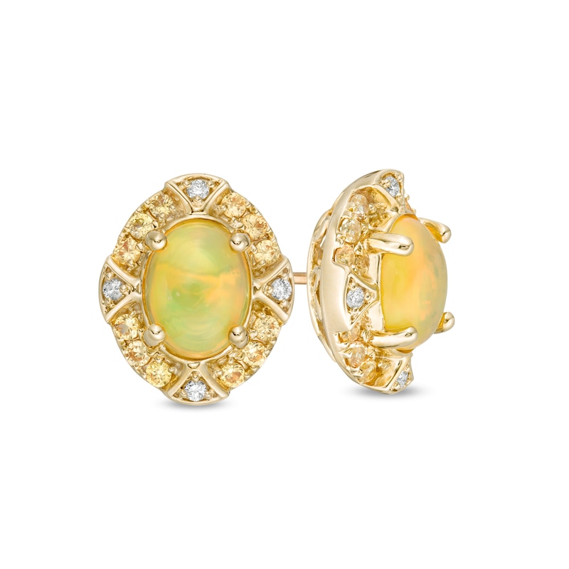 Main Image 1 of Captivating Color Oval Opal, Spessartite and 1/20 CT. T.W. Diamond Frame Stud Earrings in 14K Gold