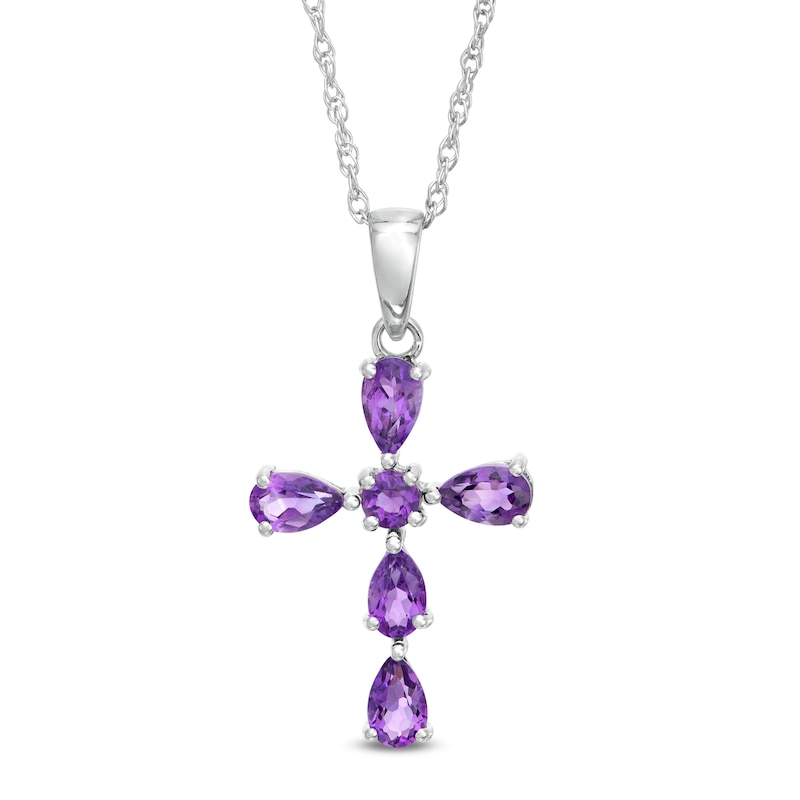 Main Image 1 of Pear-Shaped and Round Amethyst Cross Pendant in Sterling Silver