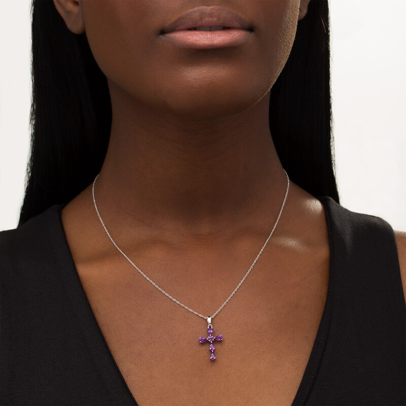 Main Image 2 of Pear-Shaped and Round Amethyst Cross Pendant in Sterling Silver