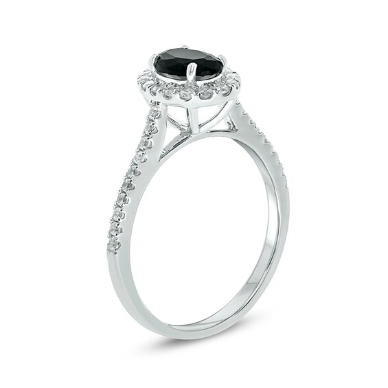 Oval Black Sapphire and 1/3 CT. T.w. Diamond Frame Engagement Ring in 10K White Gold