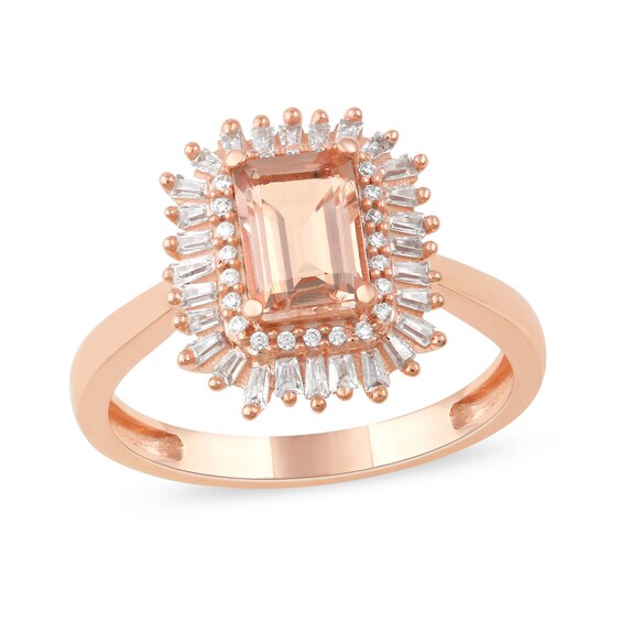 Emerald-Cut Morganite and 1/4 CT. T.W. Baguette and Round Diamond Double Frame Ring in 10K Rose Gold Emerald-Cut Morganite and 1/4 CT. T.W. Baguette and Round Diamond Double Frame Ring in 10K Rose Gold