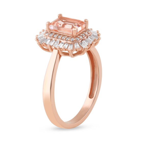 Emerald-Cut Morganite and 1/4 CT. T.W. Baguette and Round Diamond Double Frame Ring in 10K Rose Gold Emerald-Cut Morganite and 1/4 CT. T.W. Baguette and Round Diamond Double Frame Ring in 10K Rose Gold