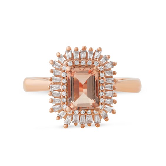 Emerald-Cut Morganite and 1/4 CT. T.W. Baguette and Round Diamond Double Frame Ring in 10K Rose Gold Emerald-Cut Morganite and 1/4 CT. T.W. Baguette and Round Diamond Double Frame Ring in 10K Rose Gold