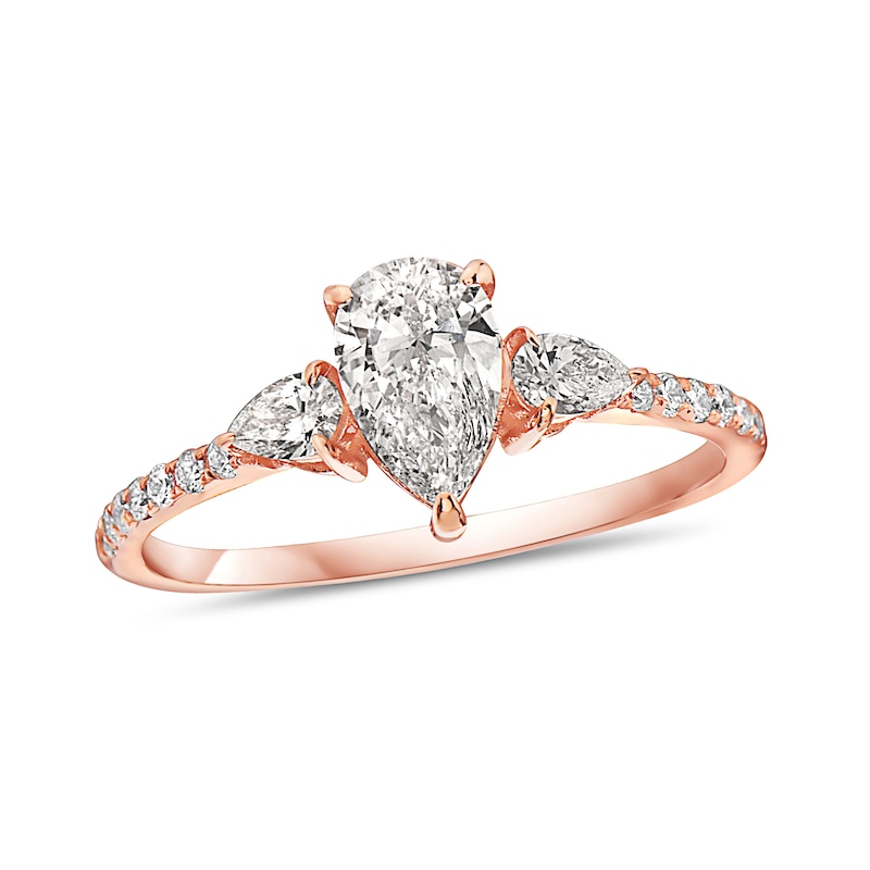 Main Image 1 of 1-1/3 CT. T.W. Pear-Shaped Diamond Three Stone Engagement Ring in 14K Rose Gold