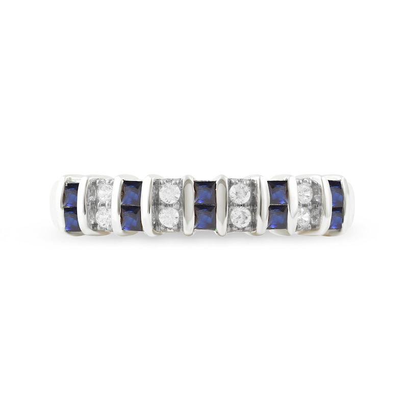 Princess-Cut Blue Sapphire and 1/10 CT. T.W. Diamond Alternating Duos Ring in 10K White Gold