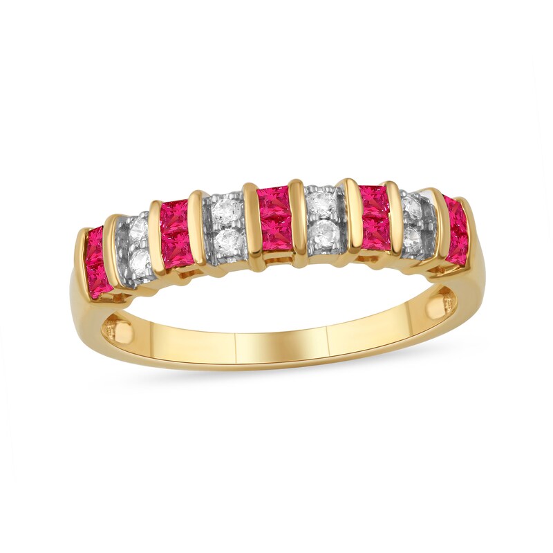 Main Image 1 of Princess-Cut Ruby and 1/10 CT. T.W. Diamond Alternating Duos Ring in 10K Gold