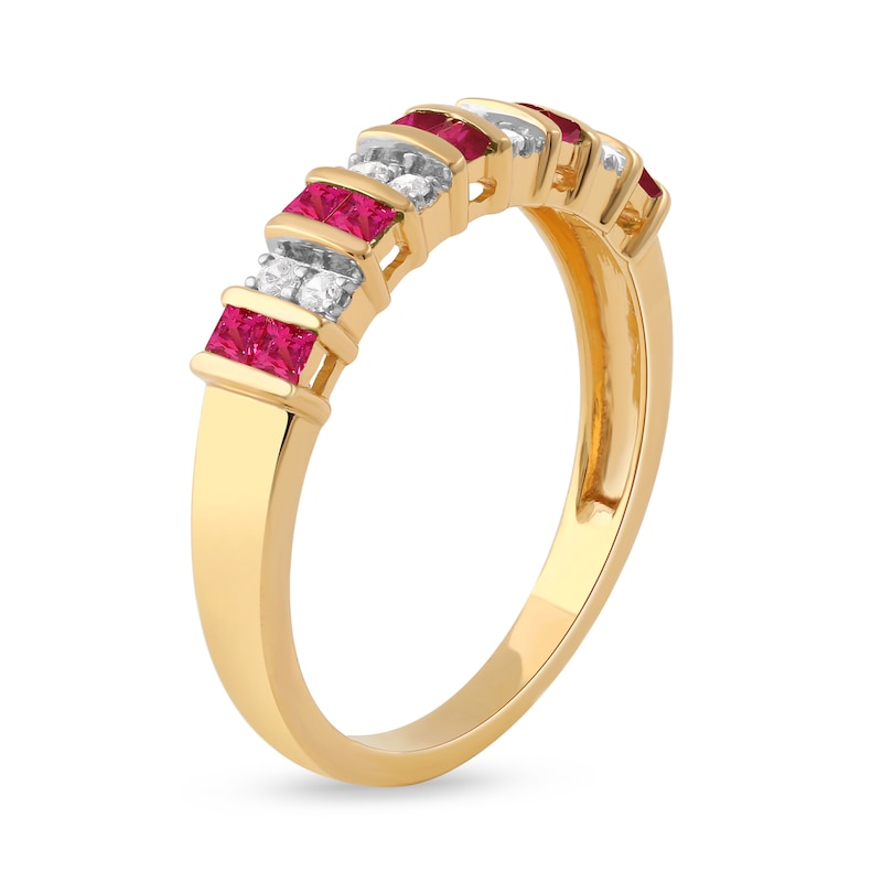 Main Image 2 of Princess-Cut Ruby and 1/10 CT. T.W. Diamond Alternating Duos Ring in 10K Gold