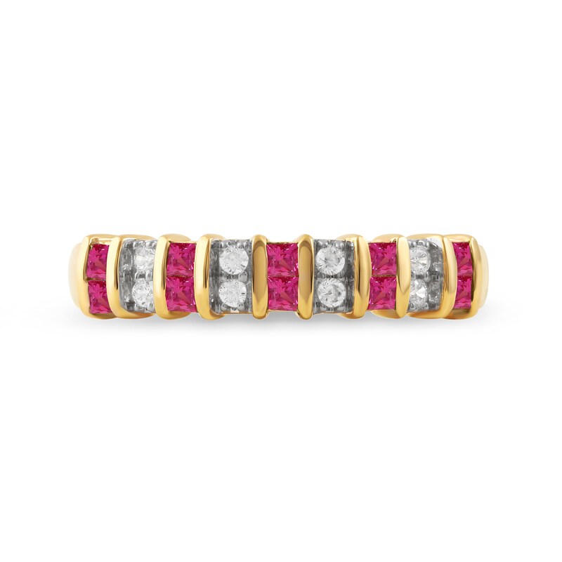 Main Image 3 of Princess-Cut Ruby and 1/10 CT. T.W. Diamond Alternating Duos Ring in 10K Gold