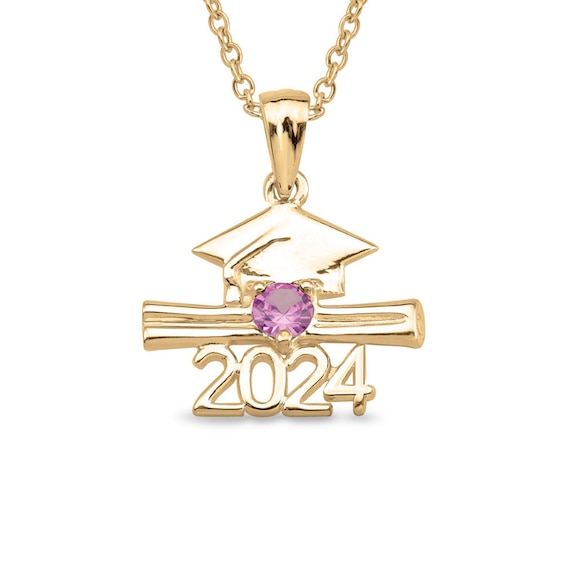 Birthstone Cap and Diploma "2024" Graduation Pendant (1 Stone)