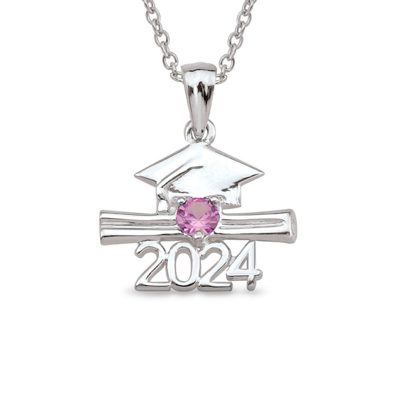 Birthstone Cap and Diploma "2024" Graduation Pendant (1 Stone)