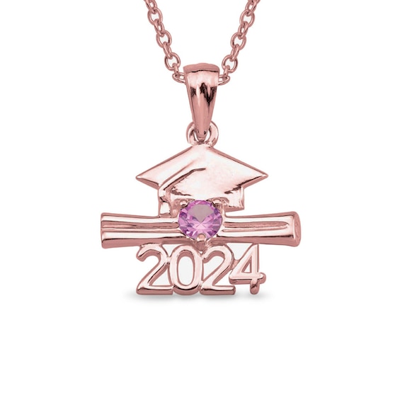 Birthstone Cap and Diploma "2024" Graduation Pendant (1 Stone)