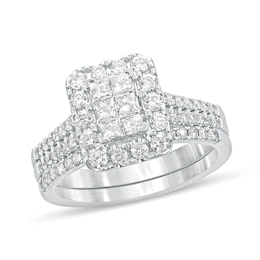 1 CT. T.W. Princess-Cut Composite Diamond Rectangle Frame Bridal Set in 10K White Gold