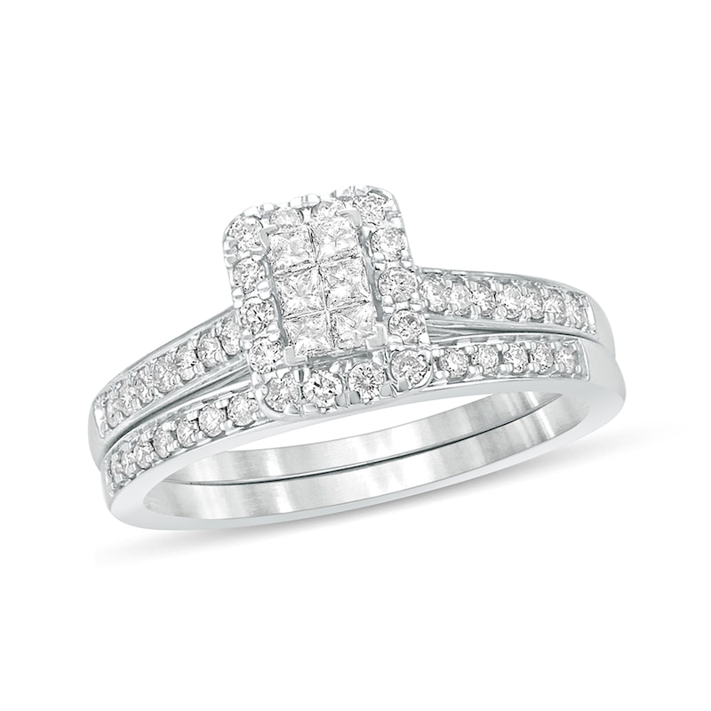 Main Image 1 of 1/2 CT. T.W. Princess-Cut Composite Diamond Rectangle Frame Bridal Set in 10K White Gold