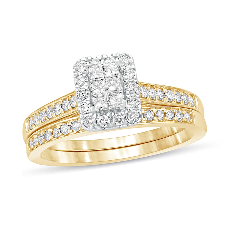 Main Image 1 of 1/2 CT. T.W. Princess-Cut Composite Diamond Rectangle Frame Bridal Set in 10K Gold