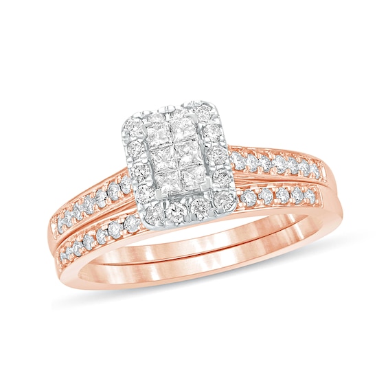 1/2 CT. T.w. Princess-Cut Composite Diamond Rectangle Frame Bridal Set in 10K Rose Gold