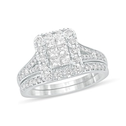 1 CT. T.W. Princess-Cut Composite Diamond Rectangle Frame Split Shank Bridal Set in 10K White Gold