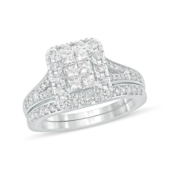 1 CT. T.w. Princess-Cut Composite Diamond Rectangle Frame Split Shank Bridal Set in 10K White Gold