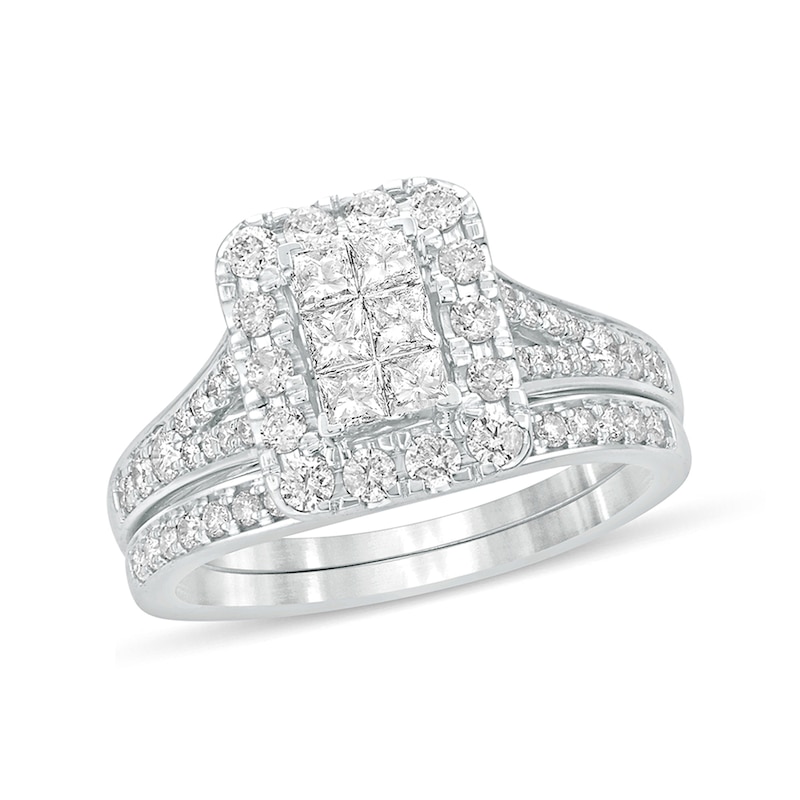 1 CT. T.W. Princess-Cut Composite Diamond Rectangle Frame Split Shank Bridal Set in 10K White Gold