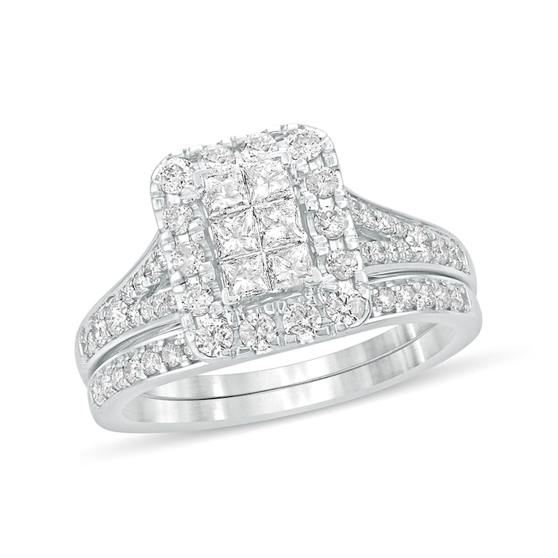 Main Image 1 of 1 CT. T.W. Princess-Cut Composite Diamond Rectangle Frame Split Shank Bridal Set in 10K White Gold