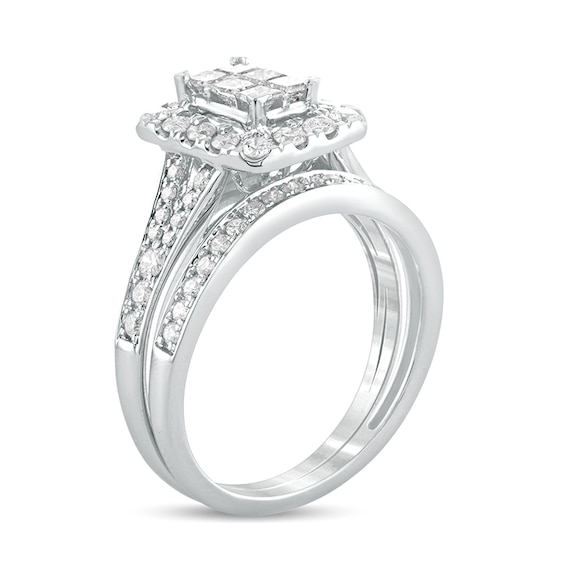 1 CT. T.w. Princess-Cut Composite Diamond Rectangle Frame Split Shank Bridal Set in 10K White Gold