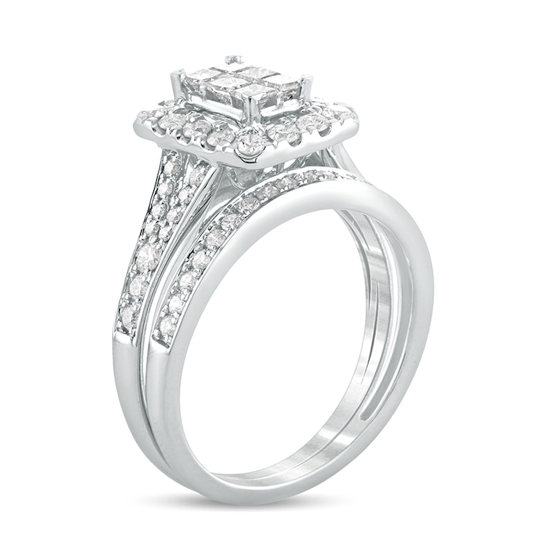 Main Image 2 of 1 CT. T.W. Princess-Cut Composite Diamond Rectangle Frame Split Shank Bridal Set in 10K White Gold