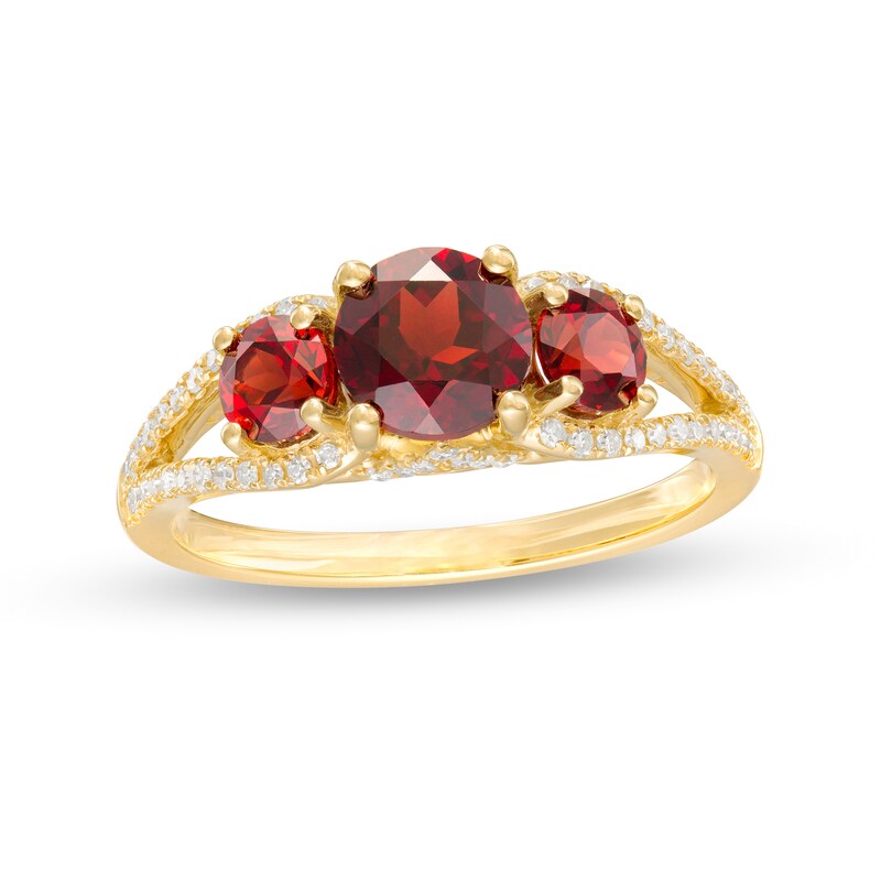 Main Image 1 of 6.0mm Garnet and 1/5 CT. T.W. Diamond Three Stone Split Shank Ring in 10K Gold