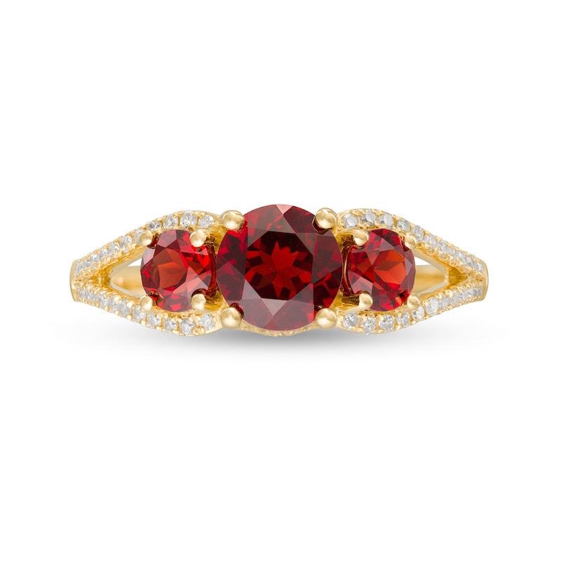 Main Image 4 of 6.0mm Garnet and 1/5 CT. T.W. Diamond Three Stone Split Shank Ring in 10K Gold