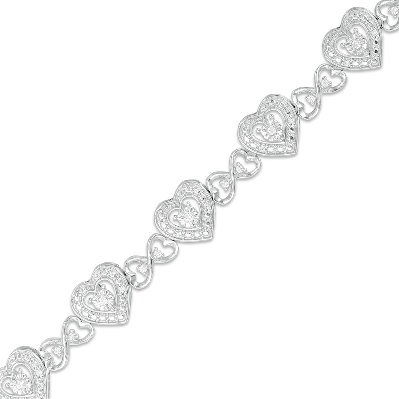 Main Image 1 of 1/4 CT. T.W. Diamond Hearts Line Bracelet in Sterling Silver