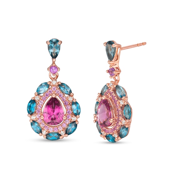 Captivating Color Pear-Shaped Rhodolite Garnet, Blue Topaz, Amethyst and 1/20 CT. T.w. Diamond Drop Earrings in 14K Rose Gold