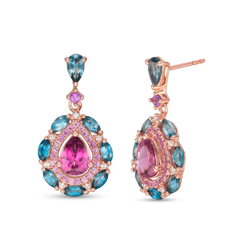 Main Image 1 of Captivating Color Pear-Shaped Rhodolite Garnet, Blue Topaz, Amethyst and 1/20 CT. T.W. Diamond Drop Earrings in 14K Rose Gold