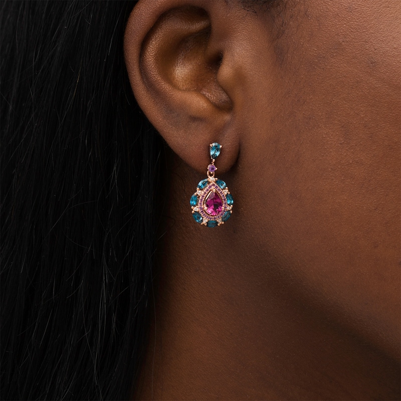 Captivating Color Pear-Shaped Rhodolite Garnet, Blue Topaz, Amethyst and 1/20 CT. T.W. Diamond Drop Earrings in 14K Rose Gold