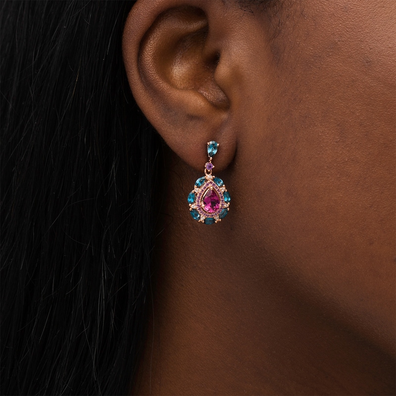 Main Image 2 of Captivating Color Pear-Shaped Rhodolite Garnet, Blue Topaz, Amethyst and 1/20 CT. T.W. Diamond Drop Earrings in 14K Rose Gold