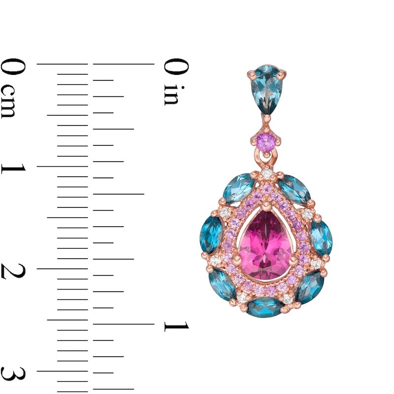 Captivating Color Pear-Shaped Rhodolite Garnet, Blue Topaz, Amethyst and 1/20 CT. T.W. Diamond Drop Earrings in 14K Rose Gold