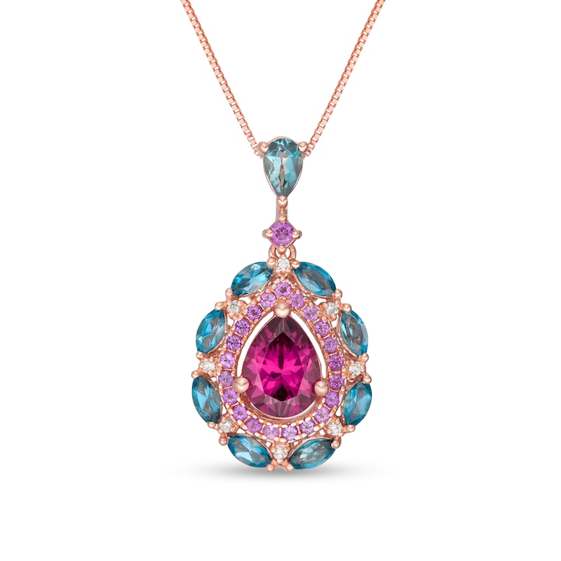 Main Image 1 of Captivating Color Pear-Shaped Rhodolite Garnet, Blue Topaz, Amethyst and Diamond Accent Drop Pendant in 14K Rose Gold