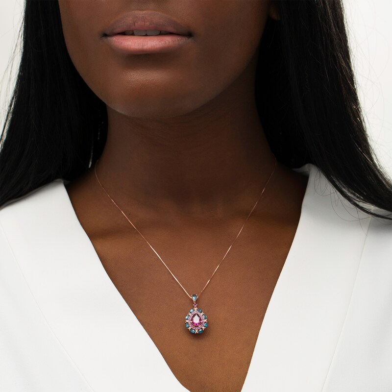 Main Image 2 of Captivating Color Pear-Shaped Rhodolite Garnet, Blue Topaz, Amethyst and Diamond Accent Drop Pendant in 14K Rose Gold
