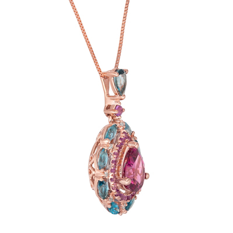 Main Image 3 of Captivating Color Pear-Shaped Rhodolite Garnet, Blue Topaz, Amethyst and Diamond Accent Drop Pendant in 14K Rose Gold