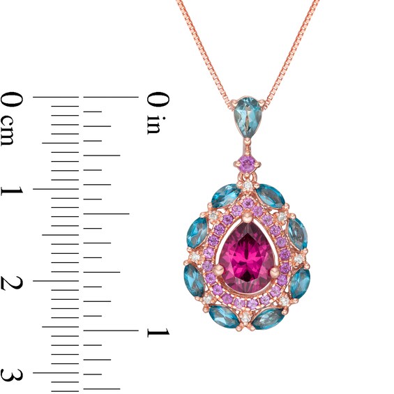 Captivating Color Pear-Shaped Rhodolite Garnet, Blue Topaz, Amethyst and Diamond Accent Drop Pendant in 14K Rose Gold