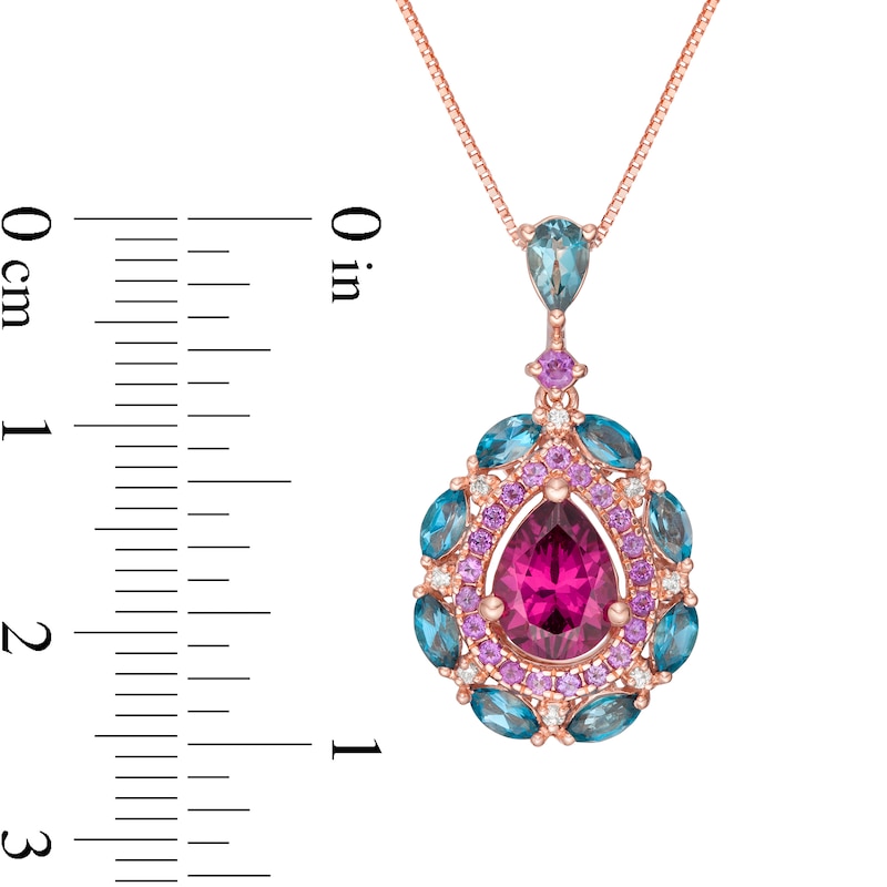Main Image 4 of Captivating Color Pear-Shaped Rhodolite Garnet, Blue Topaz, Amethyst and Diamond Accent Drop Pendant in 14K Rose Gold