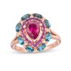 Thumbnail Image 0 of Captivating Color Pear-Shaped Rhodolite Garnet, Blue Topaz, Amethyst and Diamond Accent Double Frame Ring in 14K Rose Gold