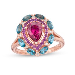 Captivating Color Pear-Shaped Rhodolite Garnet, Blue Topaz, Amethyst and Diamond Accent Double Frame Ring in 14K Rose Gold