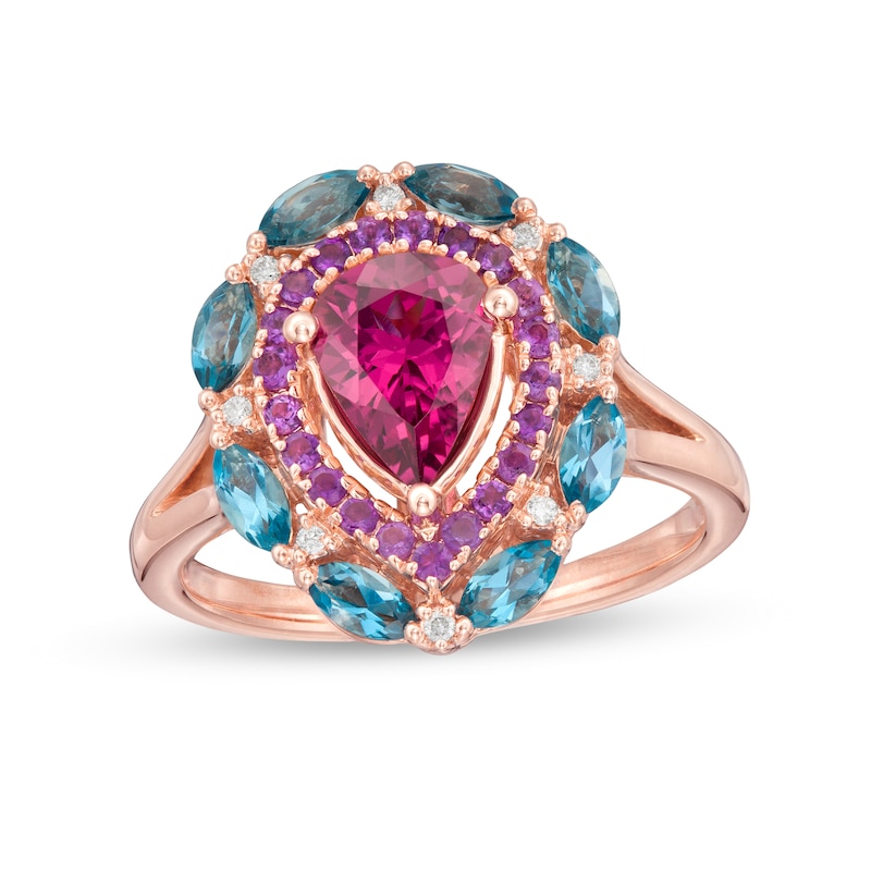 Main Image 1 of Captivating Color Pear-Shaped Rhodolite Garnet, Blue Topaz, Amethyst and Diamond Accent Double Frame Ring in 14K Rose Gold