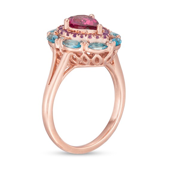 Captivating Color Pear-Shaped Rhodolite Garnet, Blue Topaz, Amethyst and Diamond Accent Double Frame Ring in 14K Rose Gold