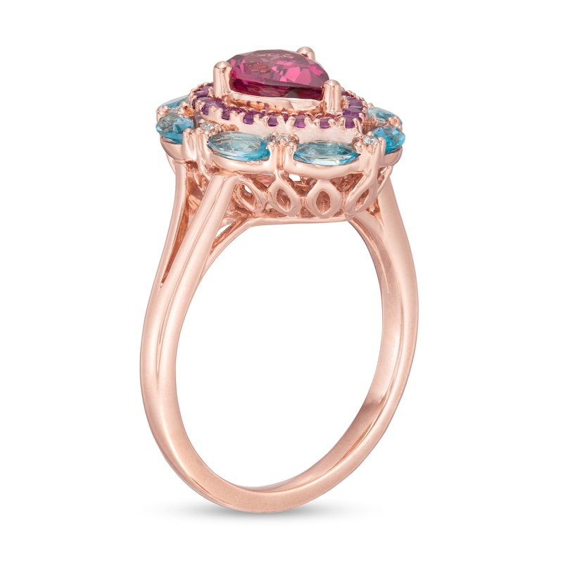 Main Image 3 of Captivating Color Pear-Shaped Rhodolite Garnet, Blue Topaz, Amethyst and Diamond Accent Double Frame Ring in 14K Rose Gold