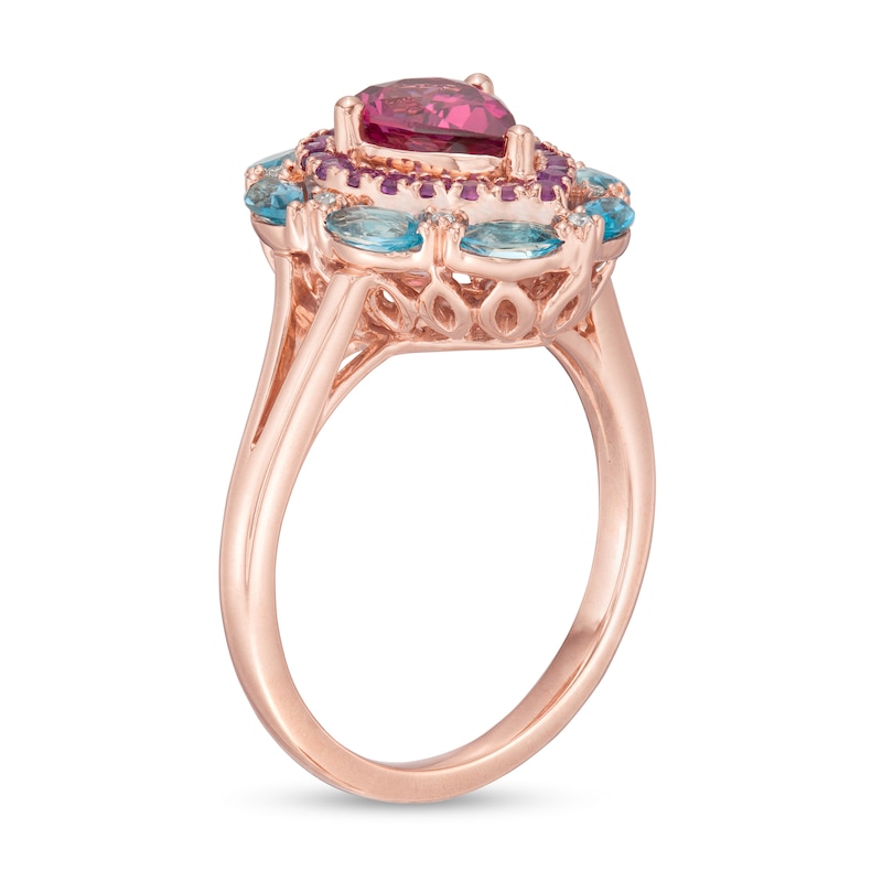 Captivating Color Pear-Shaped Rhodolite Garnet, Blue Topaz, Amethyst and Diamond Accent Double Frame Ring in 14K Rose Gold