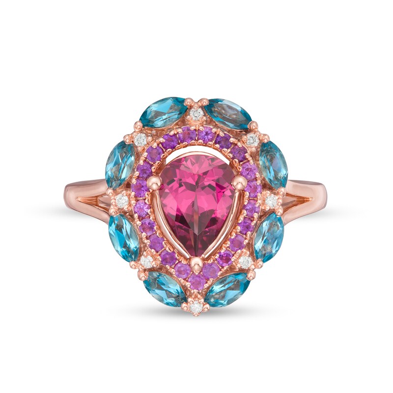 Captivating Color Pear-Shaped Rhodolite Garnet, Blue Topaz, Amethyst and Diamond Accent Double Frame Ring in 14K Rose Gold