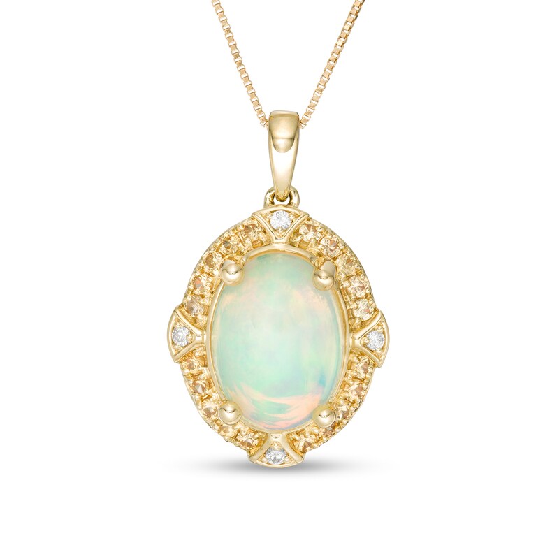 Main Image 1 of Captivating Color Oval Opal, Spessartite and Diamond Accent Frame Drop Pendant in 14K Gold