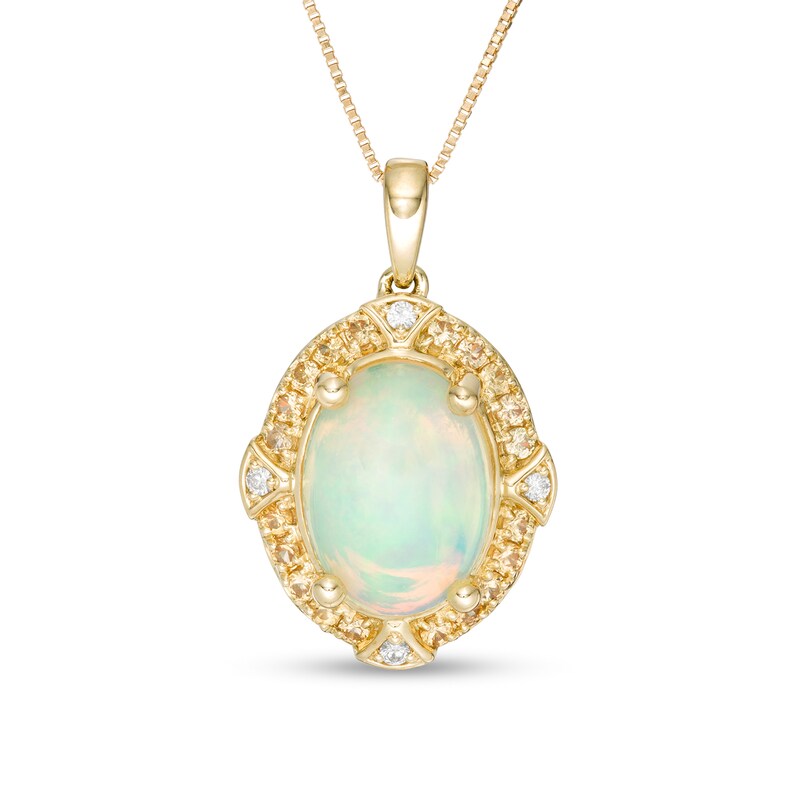 Captivating Color Oval Opal, Spessartite and Diamond Accent Frame Drop Pendant in 14K Gold