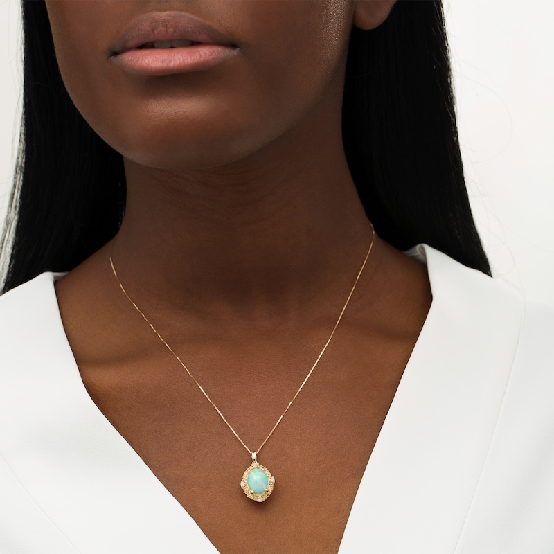 Captivating Color Oval Opal, Spessartite and Diamond Accent Frame Drop Pendant in 14K Gold