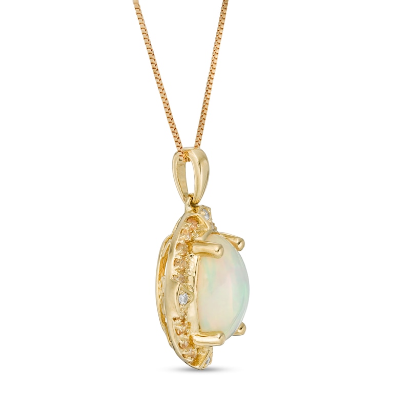 Captivating Color Oval Opal, Spessartite and Diamond Accent Frame Drop Pendant in 14K Gold