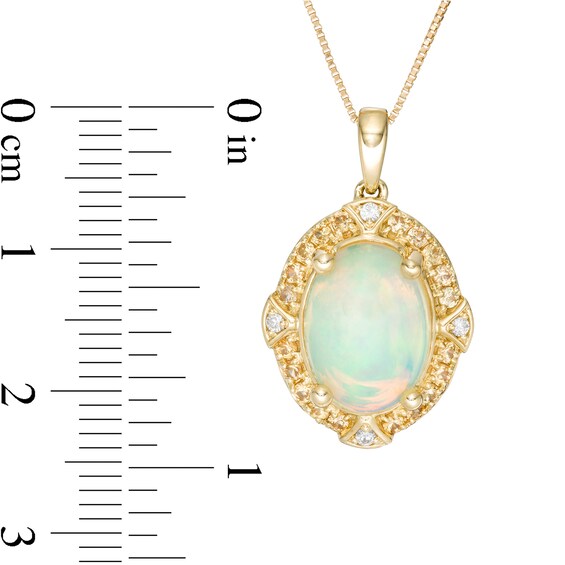 Captivating Color Oval Opal, Spessartite and Diamond Accent Frame Drop Pendant in 14K Gold